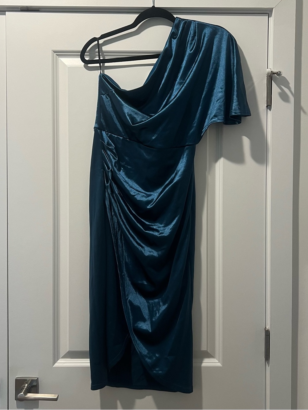 One-Shoulder Teal Satin Dress